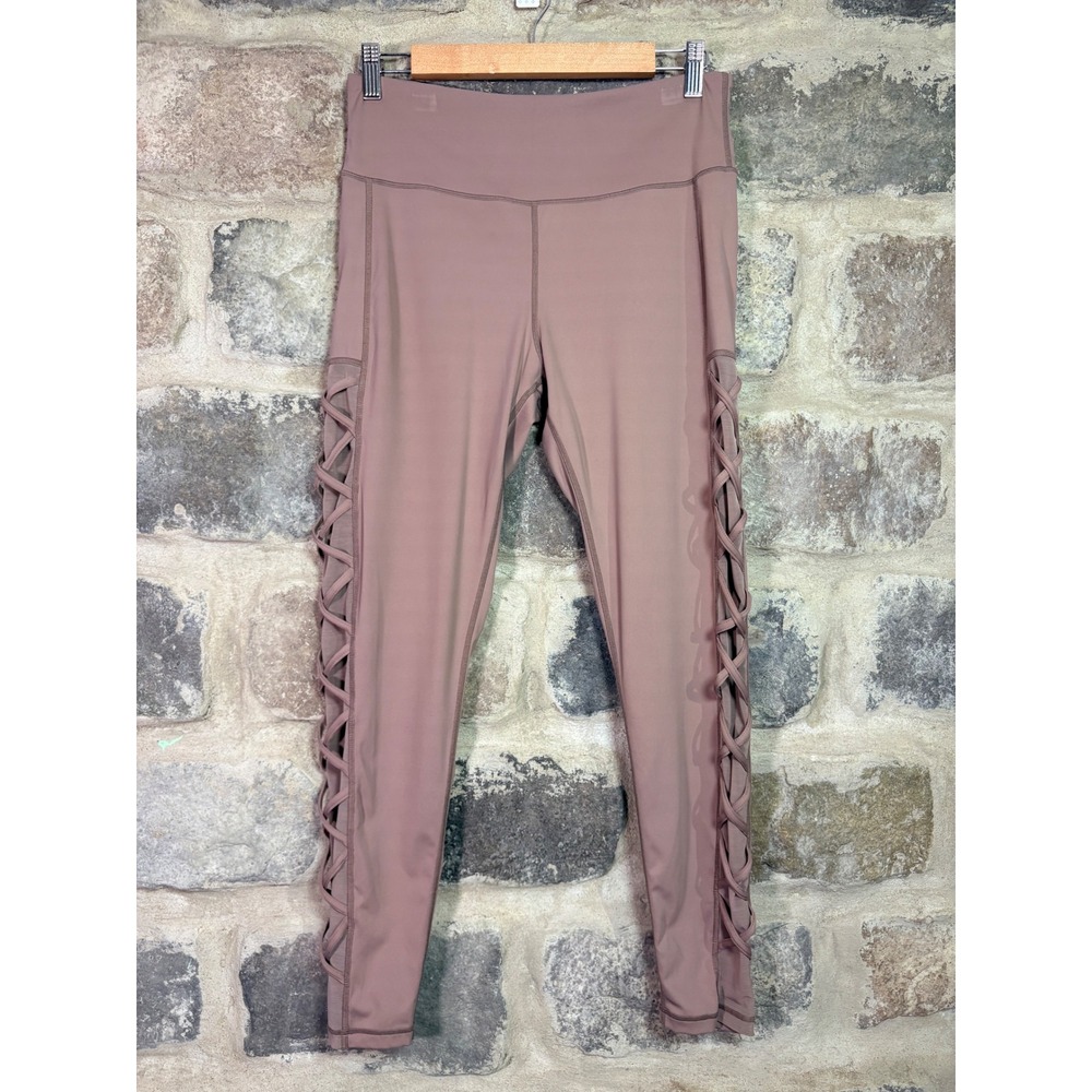 Yelete Active Mauve Lattice Lace Up Mesh Side Leggings High Rise Large Gym Yoga